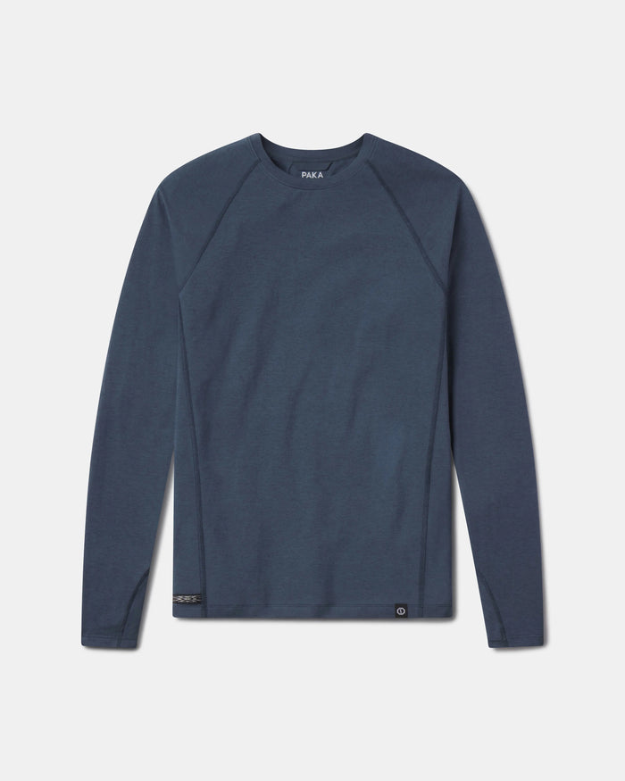 Blue long-sleeve shirt on a light gray background
