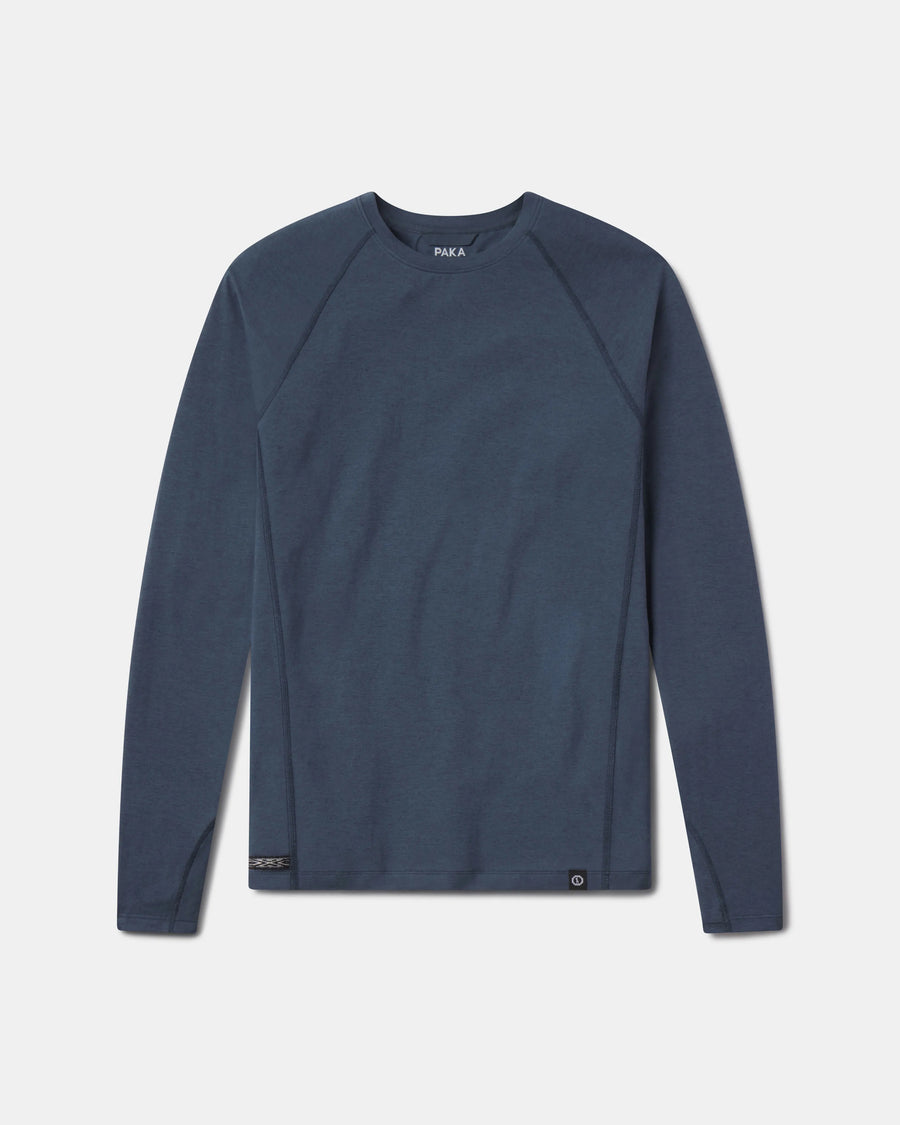 Blue long-sleeve shirt on a light gray background