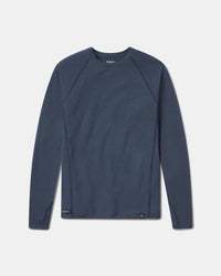 Front flat lay of Men’s Sol Crew long-sleeve UPF sun shirt in navy showing raglan sleeves and hem tag on white background
