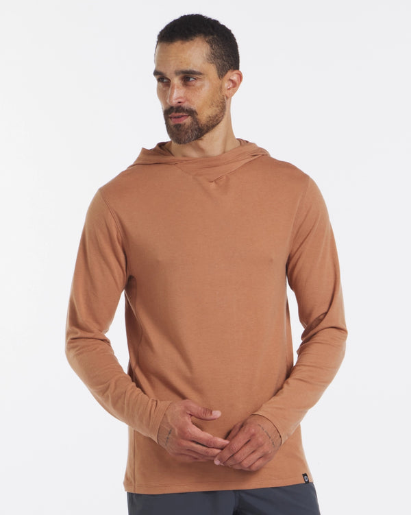 Model in Sol Men's Alpaca and Tencel Sun Hoodie in Camu / Sienna – PAKA Apparel