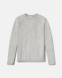 Front flat lay of Men’s Ultralight Crew in ice heather grey showing raglan seams and ribbed hem on light background