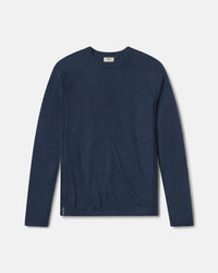 Front flat-lay of Men’s Ultralight Crew sweater in navy showing raglan seams, crew neckline, and ribbed hem on light gray background