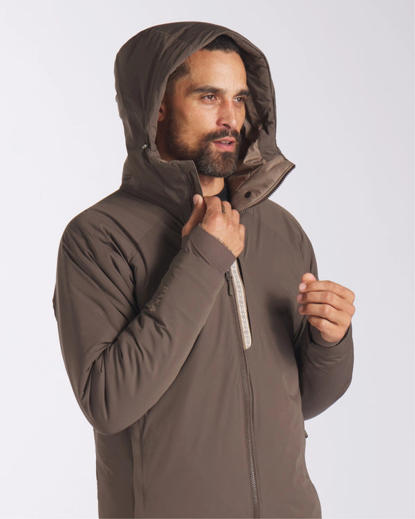 Model with Hood Up in Apu Wood / Brown Men’s Warm Parka Winter Ski Jacket with Ethical PAKAFILL® Insulation – PAKA Apparel
