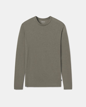 Front view of Men’s Aire long sleeve alpaca shirt showcasing crew neck and long sleeves in eucalyptus green on light gray background