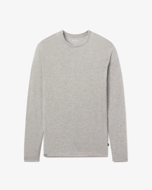 Front view of Men’s Aire long sleeve alpaca shirt showing crew neck and heather grey fabric on white background