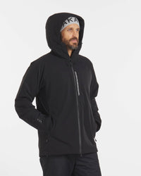 Model with Hood Up in Apu Men's Black Waterproof Parka Winter Ski Jacket with Natural PAKAFILL® Insulation – PAKA Apparel