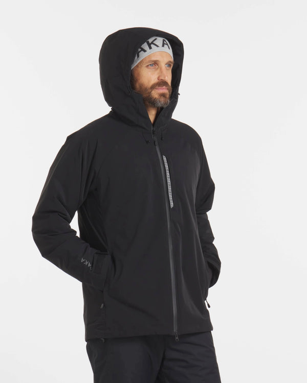 Model with Hood Up in Apu Men's Black Waterproof Parka Winter Ski Jacket with Natural PAKAFILL® Insulation – PAKA Apparel
