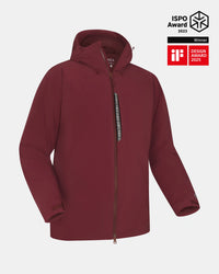 Three-quarter front view of Men’s Apu Parka in burgundy with hood, center zip, patterned chest zip on light gray background