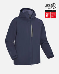 Front view of Men’s Apu Parka, navy, showing hood, zip, chest pocket and sleeve logo; ISPO 2023, iF Design Award 2025 badges