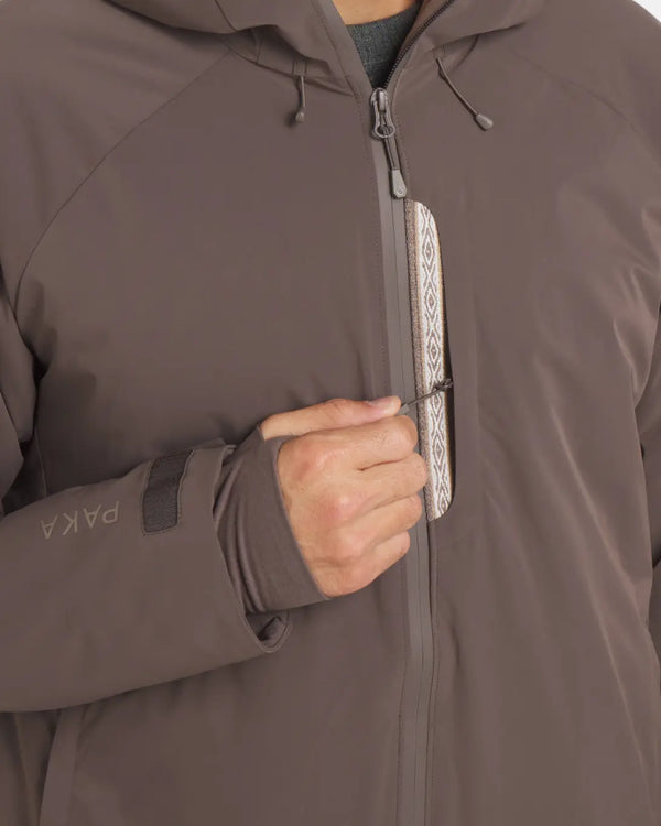 Close Up of Inca ID by Zipper of Men’s Apu Parka Winter Jacket in Wood Brown – PAKA Apparel