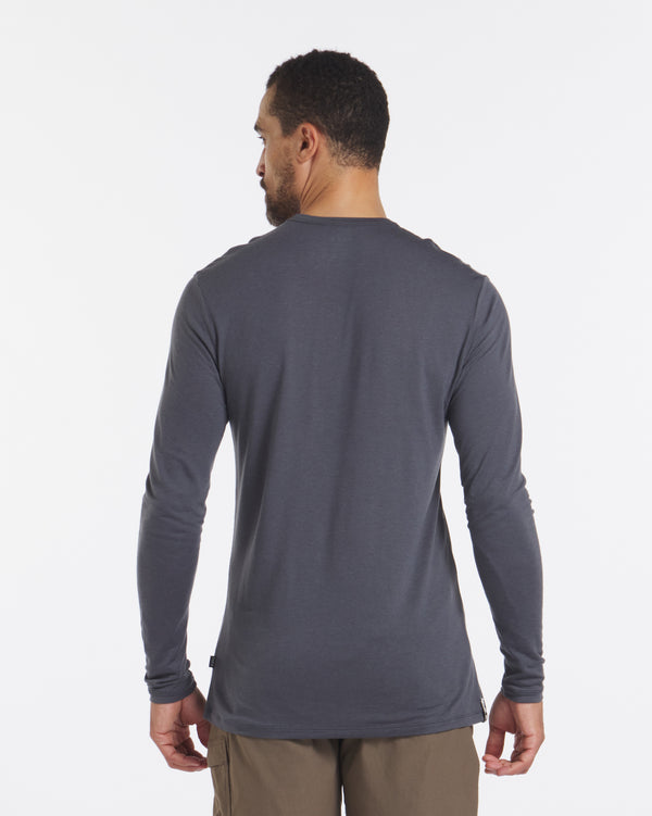 Back Shot of Model in Charcoal Blue Aire Men’s Alpaca and Tencel Long Sleeve Shirt – PAKA Apparel
