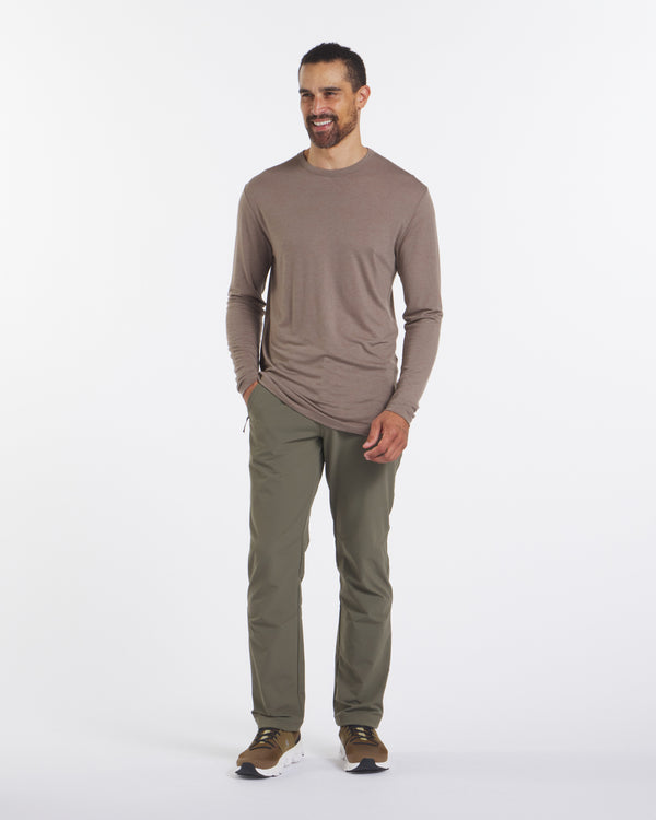 Full Height Shot of Smiling Model in Walnut / Tan Aire Men's Breathable Long Sleeve Shirt – PAKA Apparel