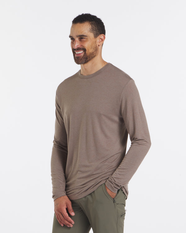 Side Shot of Smiling Model in Walnut / Tan Aire Men's Alpaca and Tencel Long Sleeve Shirt – PAKA Apparel
