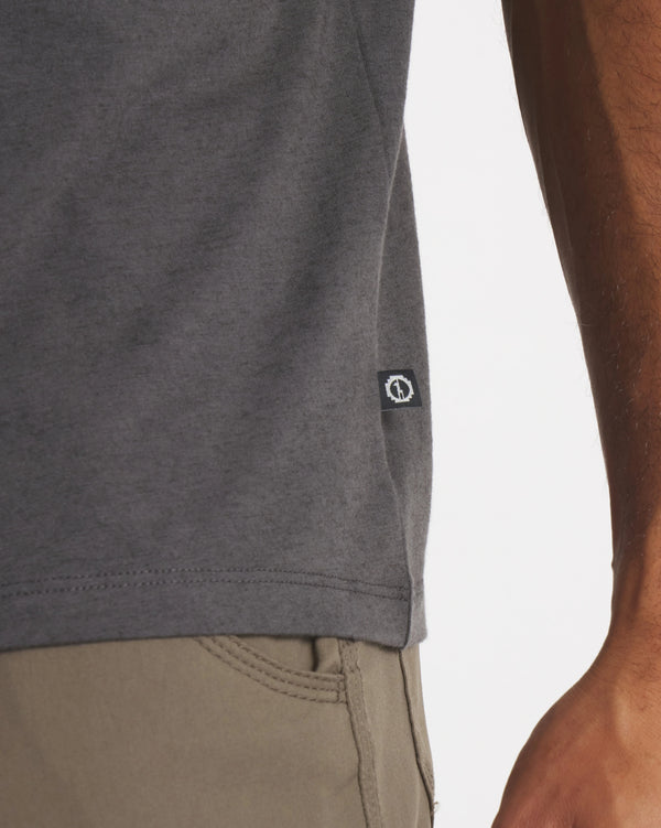 Side Waist View of PAKA Tag on Charcoal Essential Tee Men's Lightweight Pima Cotton and Alpaca T-Shirt from Peru – PAKA Apparel