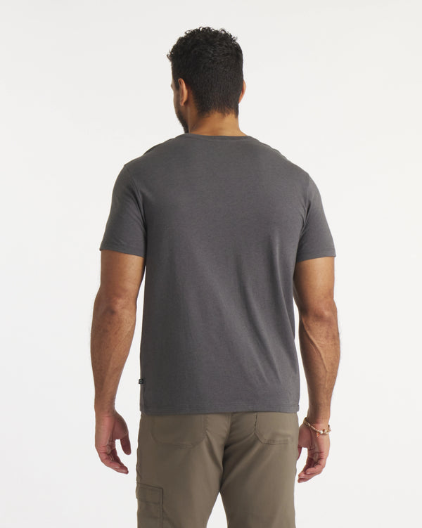 Back of Model Wearing Essential Tee Men's Sustainable Pima Cotton and Alpaca T-Shirt in Charcoal – PAKA Apparel