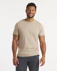 Model Wearing Desert / Tan Essential Tee Men's Ethical Pima Cotton and Alpaca T-Shirt – PAKA Apparel