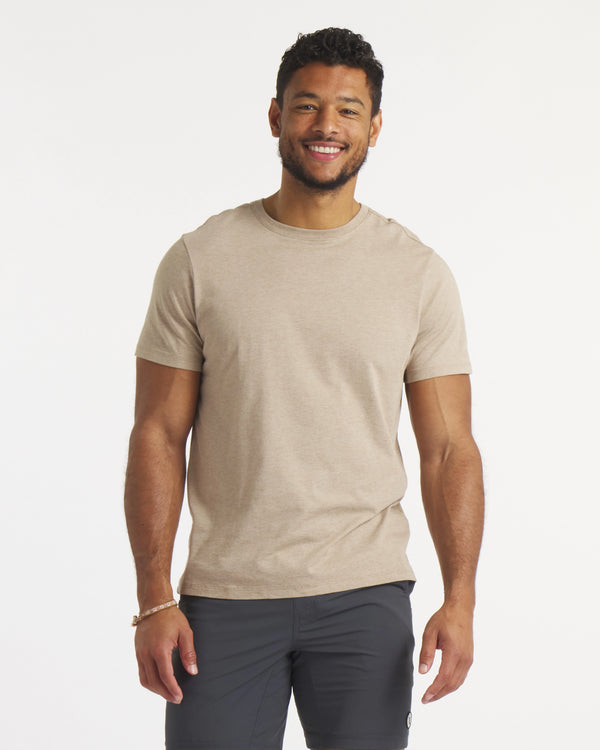 Model Wearing Desert / Tan Essential Tee Men's Ethical Pima Cotton and Alpaca T-Shirt – PAKA Apparel