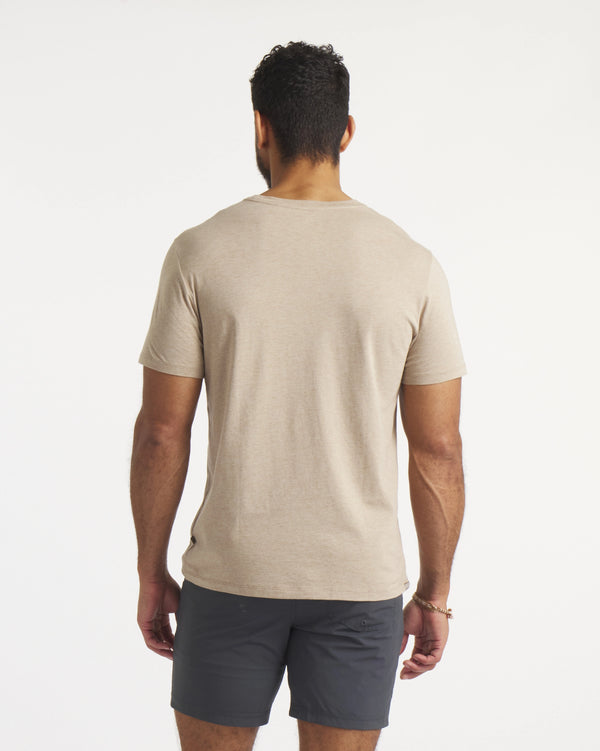 Back of Model in Desert / Tan Essential Tee Sustainable Alpaca Men's T-Shirt – PAKA Apparel