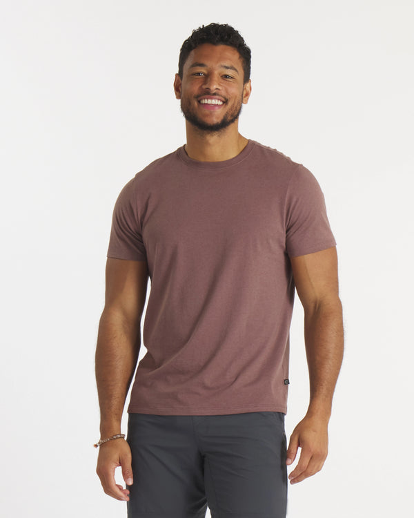 Model Wearing Essential Tee Ethically Made Men's T-Shirt in Mauve – PAKA Apparel
