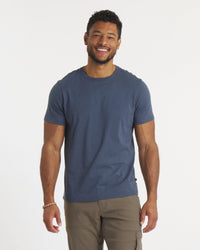 Model Wearing the Essential Tee Men's Lightweight Organic Pima Cotton and Alpaca T-Shirt in Navy – PAKA Apparel