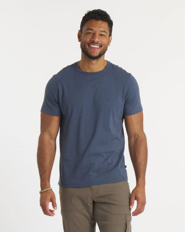 Model Wearing the Essential Tee Men's Lightweight Organic Pima Cotton and Alpaca T-Shirt in Navy – PAKA Apparel