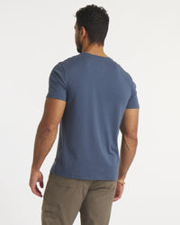 Back of Model Wearing Navy Essential Tee Men's Lightweight and Breathable Alpaca T-Shirt – PAKA Apparel