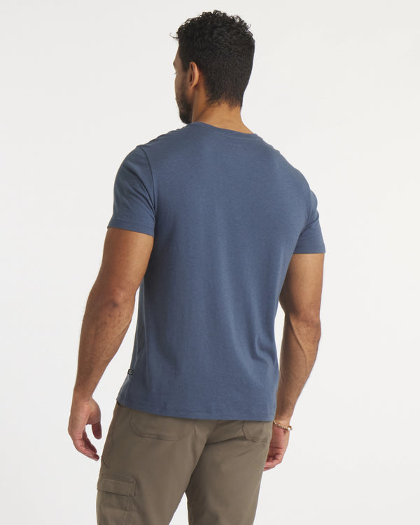 Back of Model Wearing Navy Essential Tee Men's Lightweight and Breathable Alpaca T-Shirt – PAKA Apparel