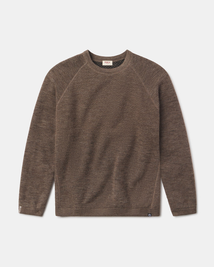 Men's PAK Mountain Crew Sweater in Wood on a light gray background