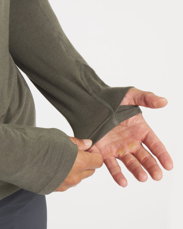 Hands Through Thumbholes of Andean Moss / Dark Green Sol Men's UPF Sun Protection Hoodie – PAKA Apparel