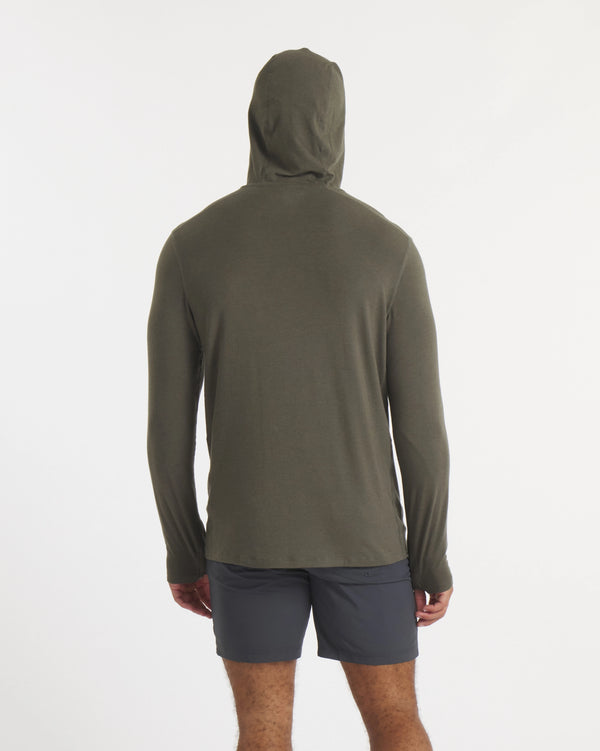 Back of Model in Sol Men's Alpaca and Tencel Sun Hoodie in Andean Moss / Dark Green – PAKA Apparel