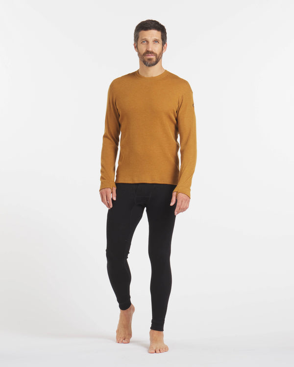 Full Height Shot of Man in Golden Brown Alpaca Wool Thermal Baselayer Longsleeve Shirt – PAKA Apparel