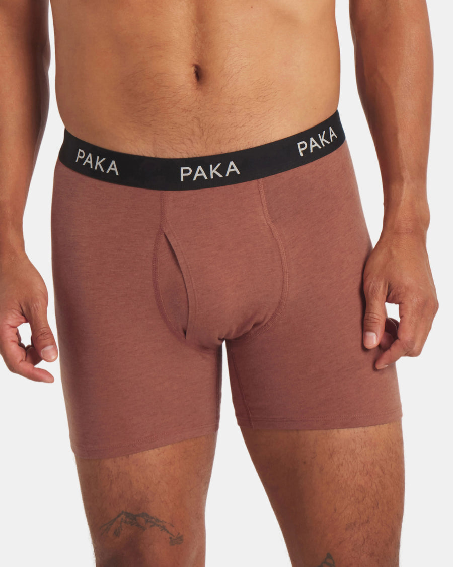 Brown boxer briefs with a black 'PAKA' waistband on a white background