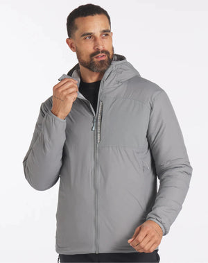 Man Wearing Storm Grey Sustainable Apu Lightweight Puffer Jacket with Hood – PAKA Apparel
