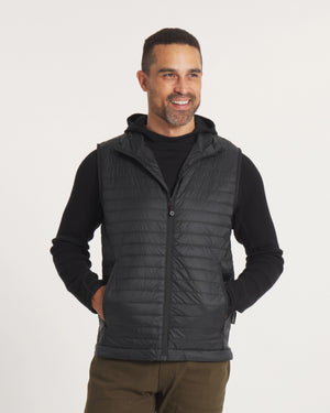 Man with Hands in Pockets of Mayu Ultralight Sustainable Puffer Vest in Black – PAKA Apparel