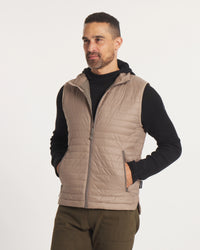 Model Wearing Timber / Tan Mayu Ultralight Puffer Vest with Alpaca Insulation – PAKA Apparel