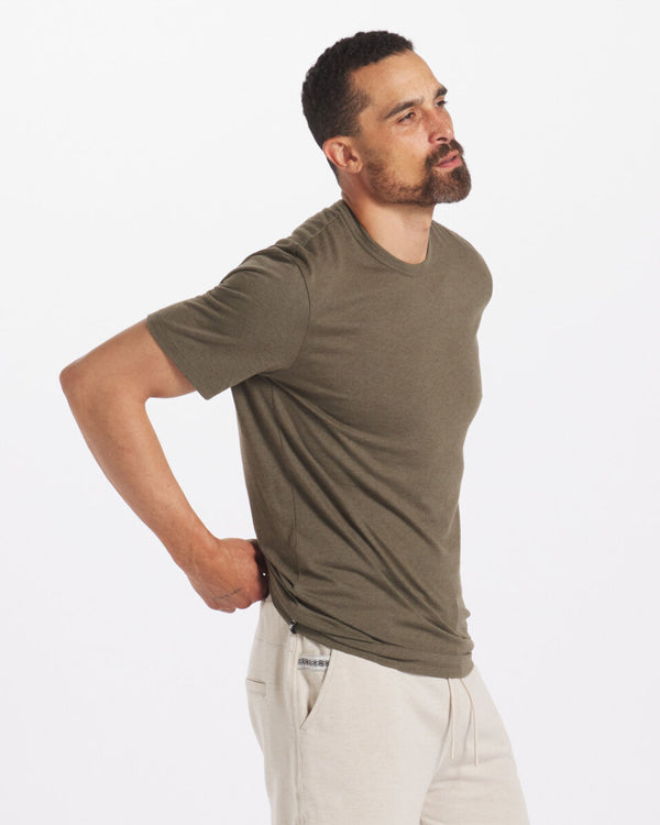 Side Shot of Model Wearing Andean Moss / Dark Green Men's Natural Alpaca T-Shirt – PAKA Apparel
