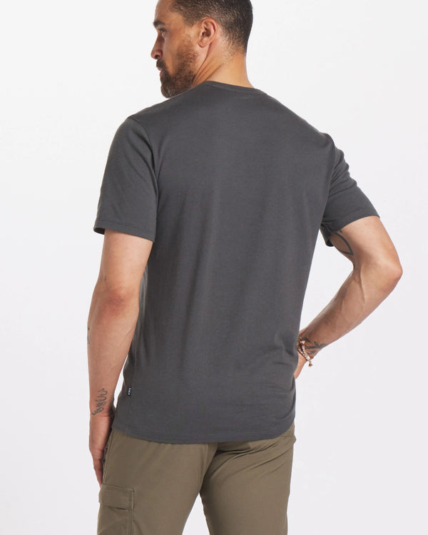 Back Shot of Model Wearing Charcoal Blue Men's Organic Pima Cotton and Alpaca Blend T-Shirt – PAKA Apparel