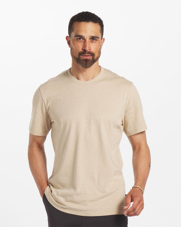 Man Wearing Sand / Tan Organic Pima Cotton and Alpaca Wool T-Shirt - PAKA Apparel