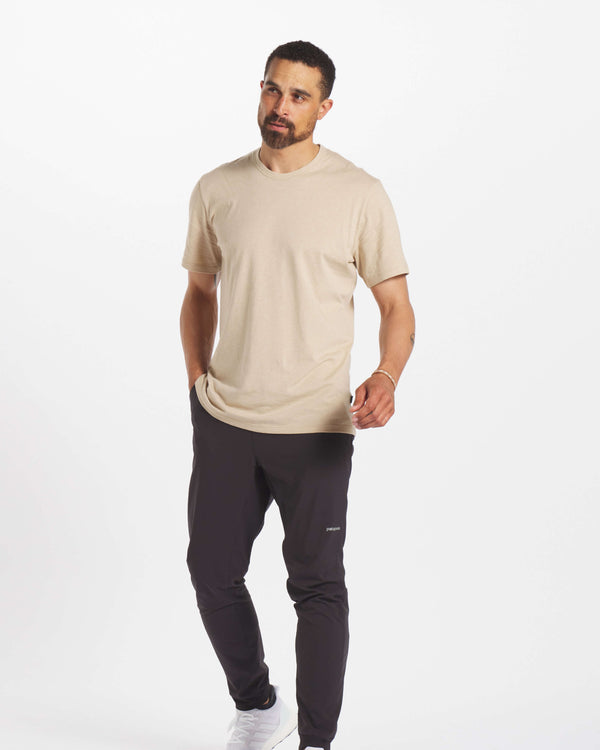 Man Wearing Sand / Tan Organic Pima Cotton and Alpaca Wool T-Shirt - PAKA Apparel