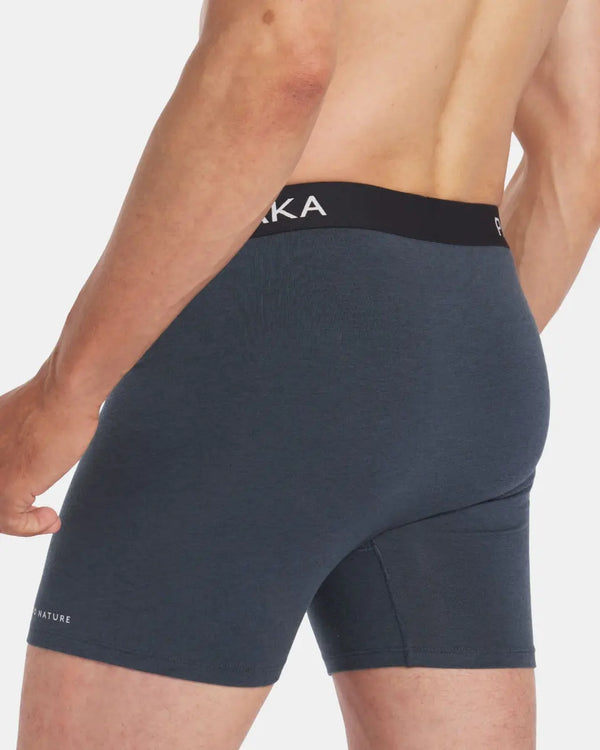 Close-Up Backside Shot of Men's Blue Natural Fiber Boxer Briefs Underwear on Model – PAKA Apparel