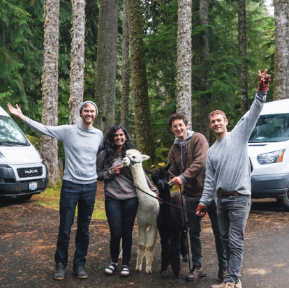 Kris, our founder, with some friends and an alpaca in the West Coast