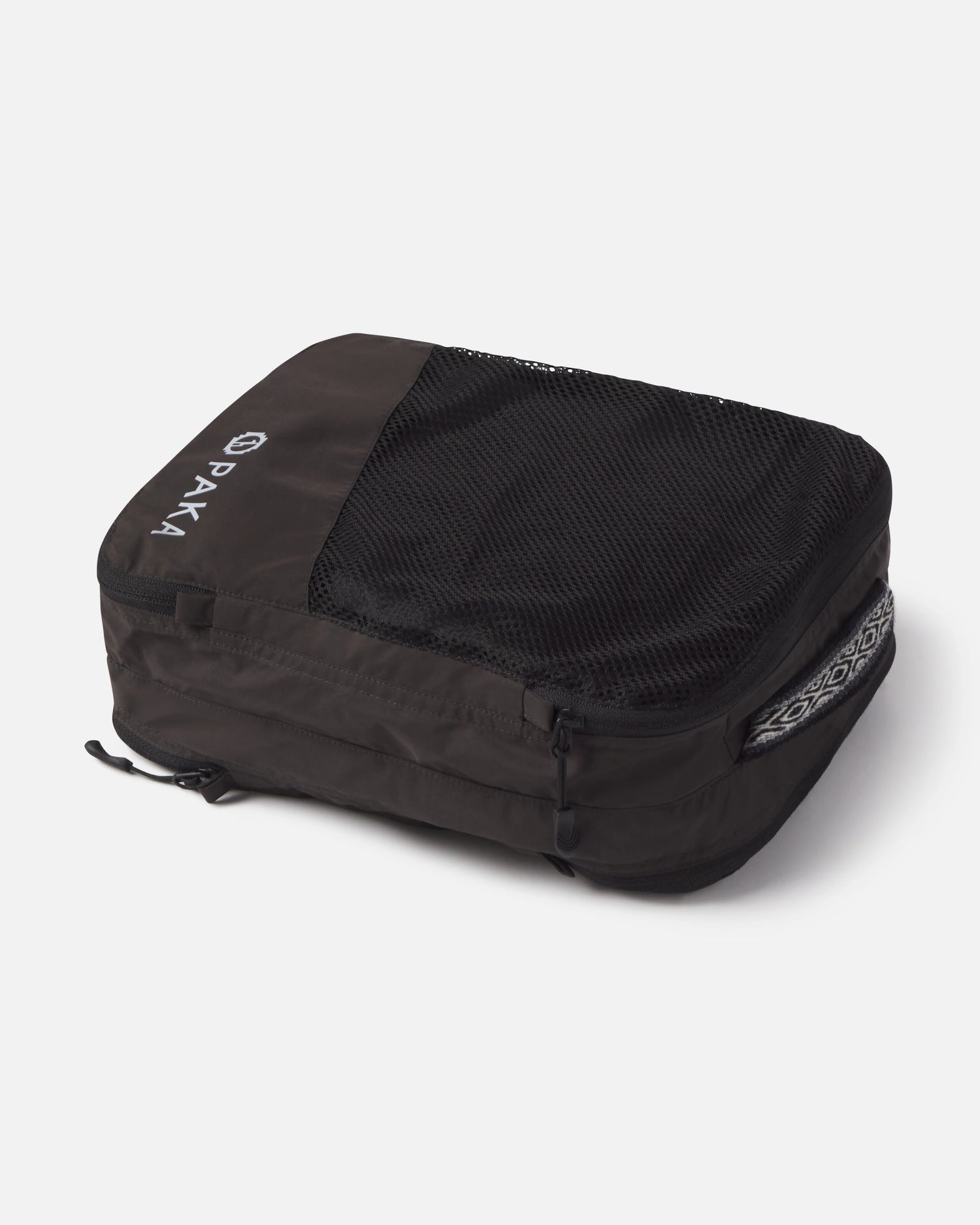 Black Packing cube with hand woven inca ID and mesh pocket