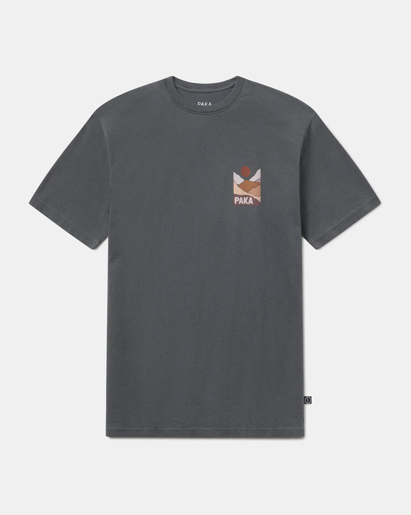 Gray t-shirt with a small logo on a white background