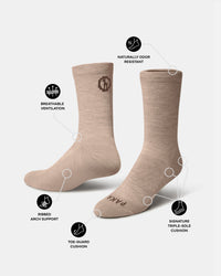 Front and side view of Trail Crew socks in sand highlighting arch support, triple-sole cushion and breathable ventilation