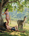 A couple wearing our alpaca underwear in the nature. There is an alpaca next to them.