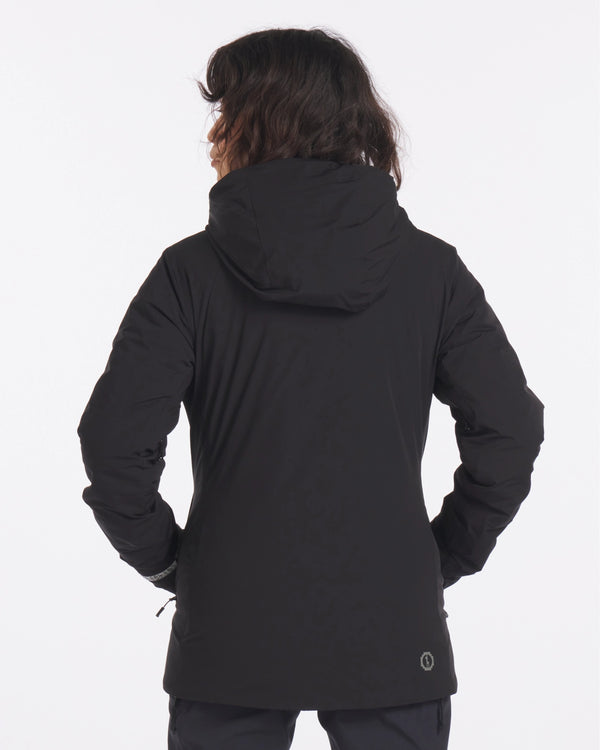 Backside of Model in Apu Women's Black Water Repellent Parka Winter Ski Jacket with Natural PAKAFILL® Insulation – PAKA Apparel