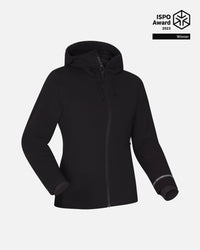 Three-quarter front of Women’s Apu Parka in black showing hooded zip front and cuff detail, ISPO Award 2023 badge, white background