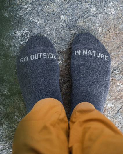 Charcoal Blue Trail Lightweight Alpaca Quarter Crew Outdoor Socks on Feet from Above with “Go Outside in Nature” Text – PAKA Apparel