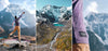 Ausangate mountain with man jumping in purple shirt. Ausangate Mountain with a river coming from a mineral blue lake. The Explore Peru label on one of our purple shirts in front of Ausangate mountain