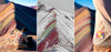 Three rainbow mountain images with bright colors. The Rainbow mountain covered in snow. The Explore Peru label on one of our timber shirts in front of Rainbow mountain